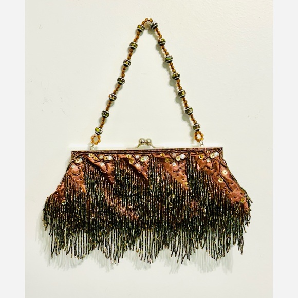 Formal vintage evening bag brown satin, sparkling sequins, beads- special events - Picture 7 of 9